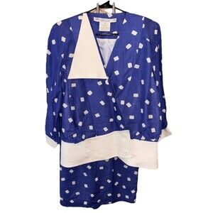 JOANIE CHAR Collections Jacket Skirt Set 12 Vintage Lined Blue White Linen Silk